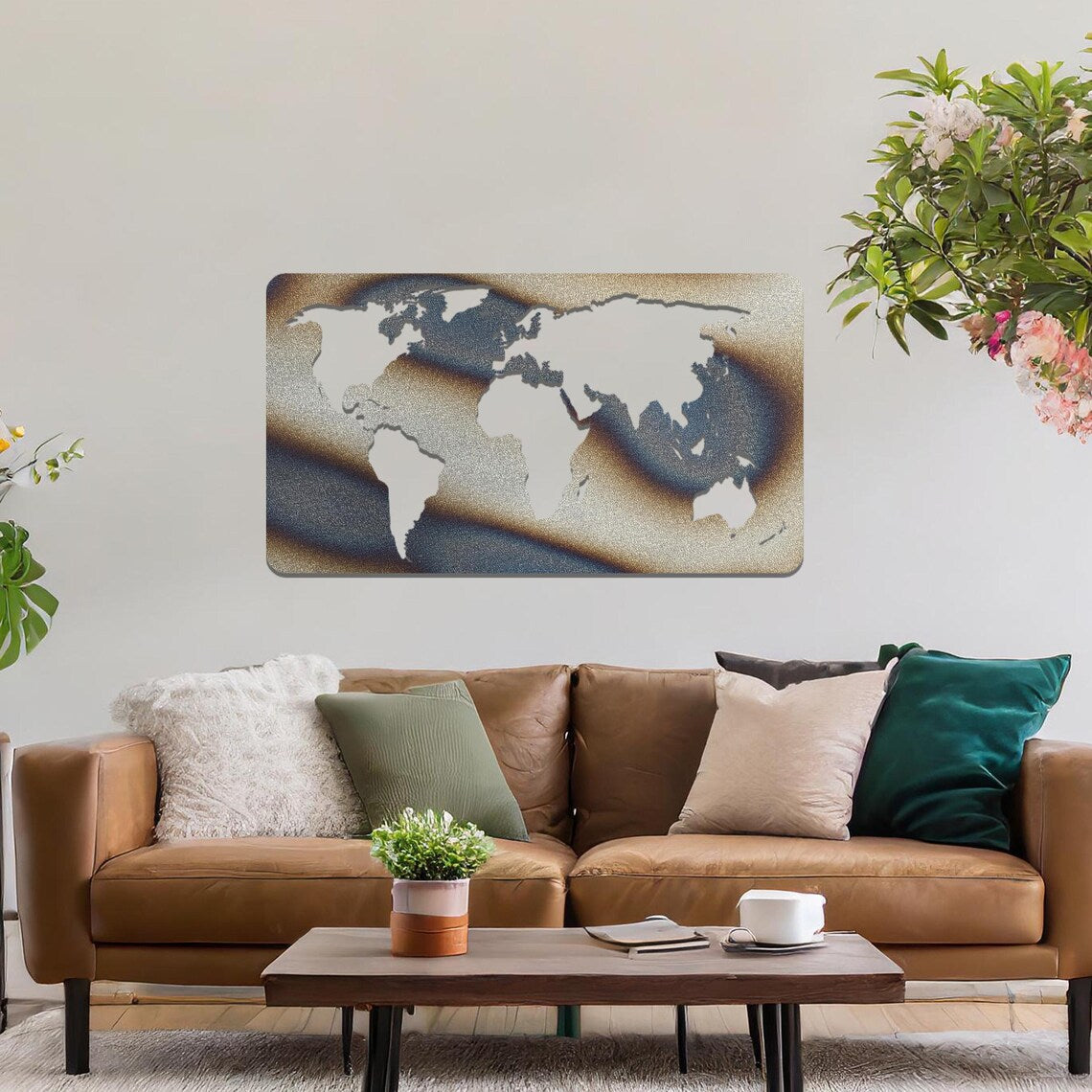 Metal World Map: Contemporary Rectangle Office or Modern Home Decor