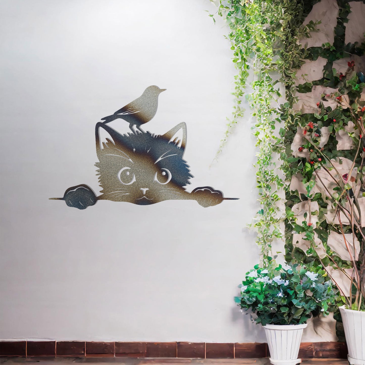 Playful Cat and Bird Metal Wall Art - Adorable Gift for Animal Lovers