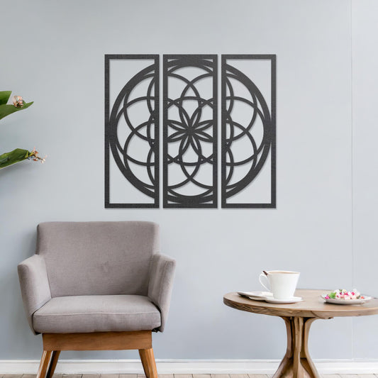 Metatrons Cube Geometric Wooden Art Set - Esoteric Triptych Wall Art Decor