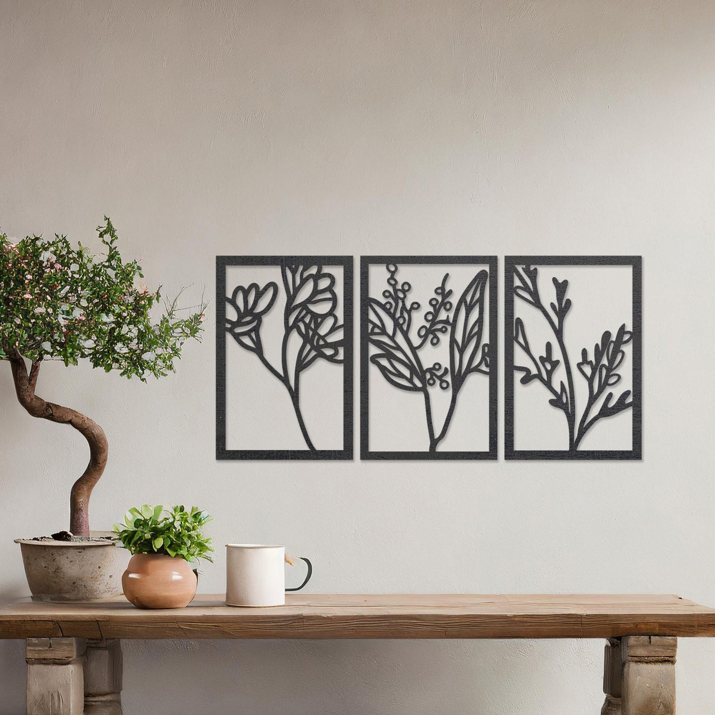 Botanical Triptych Carved Wooden Wall Art - Modern Hanging Plant Panels