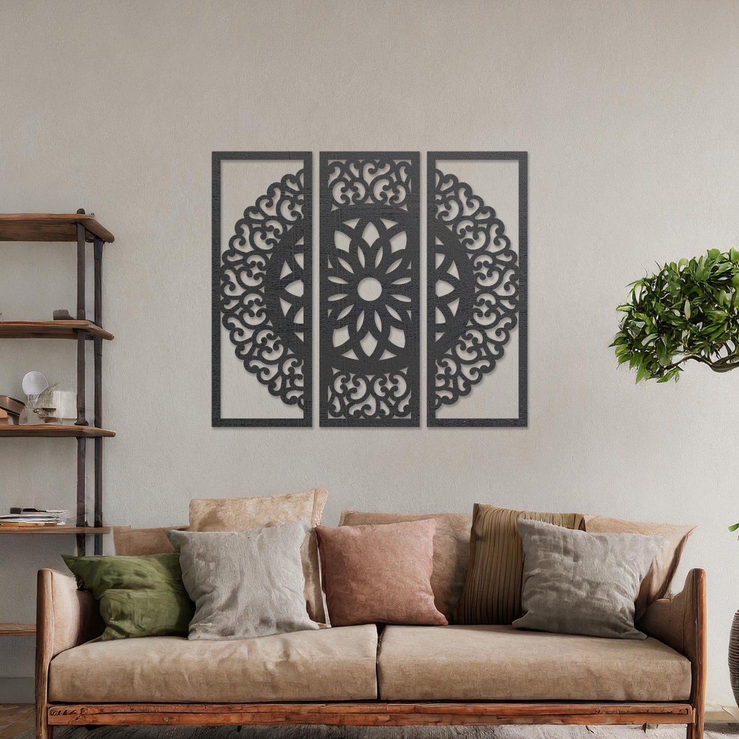 Intricate Mandala Wooden Wall Art Set - Filigree Design Triptych