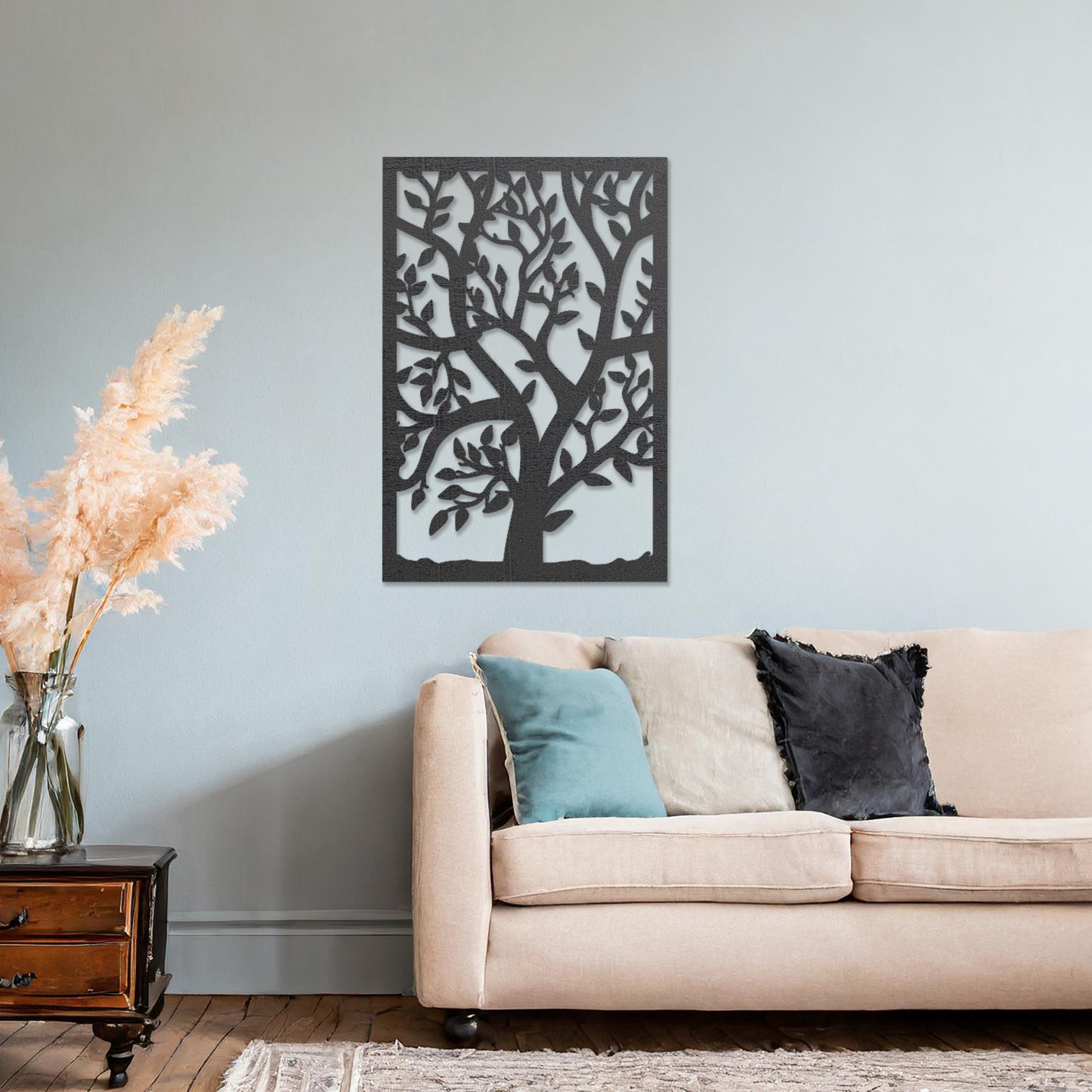 Wooden Tree Art in Rectangular Frame - Detailed Leaf Design for Home Decor