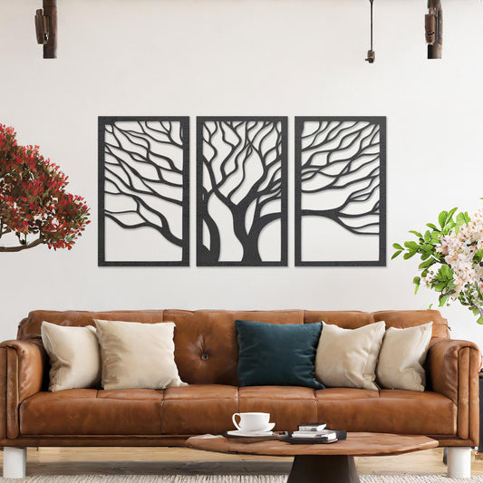 Abstract Tree Triptych Wooden Wall Art Set - Modern Forest Decor