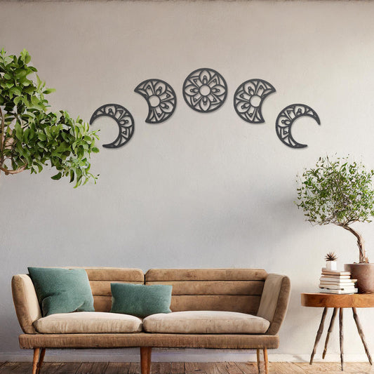 Mandala Moon Phases Wooden Wall Art - Spiritual Lunar Design for Living Room