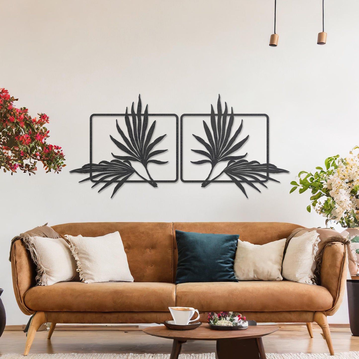 Tropical Palm Leaves Wood Wall Art Set - Elegant Dual Panel Wall Decor