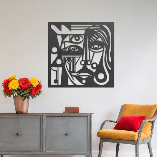 Cubist Geometric Face Wooden Wall Art - Contemporary Abstract Portrait