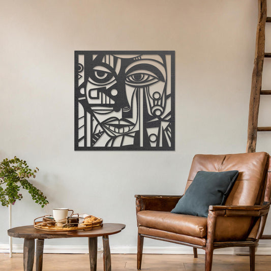 Modernist Cubist Face Wooden Wall Art - Geometric Portrait Panel