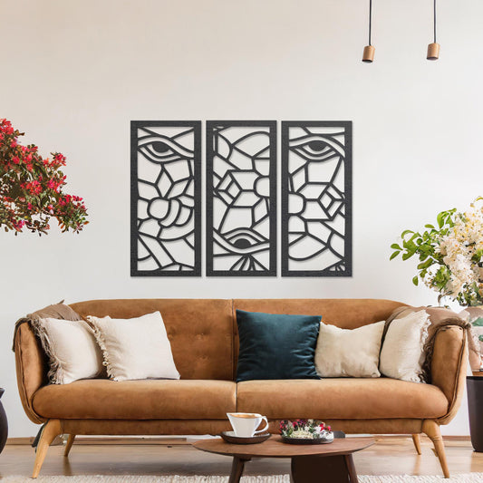 Abstract Eyes and Florals Wooden Wall Art - Modern Geometric Panel Set