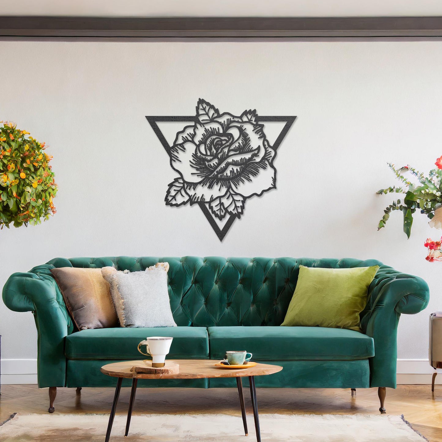 Abstract Rose Triangle Wooden Hanging Wall Art - Modern Floral Design