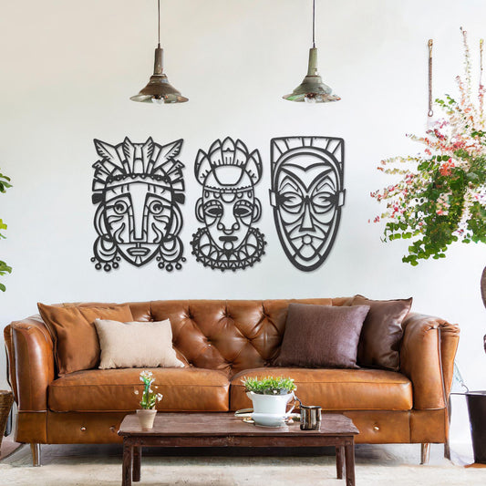 Indigenous Tribal Masks Wooden Wall Art Collection - Unique Cultural Decor