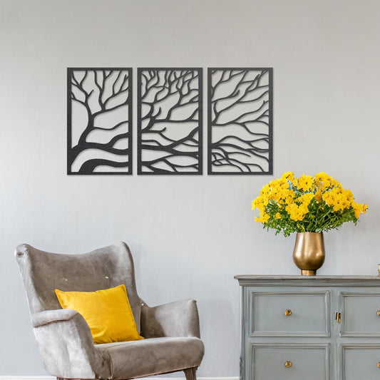 Abstract Tree Branches Triptych Wooden Wall Art Decor - Modern Forest Panels