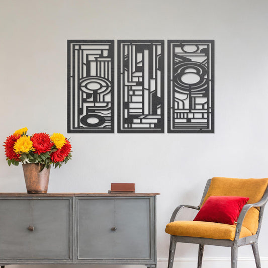 Abstract Geometric Triptych Wooden Wall Art - Modernist Panel Ensemble