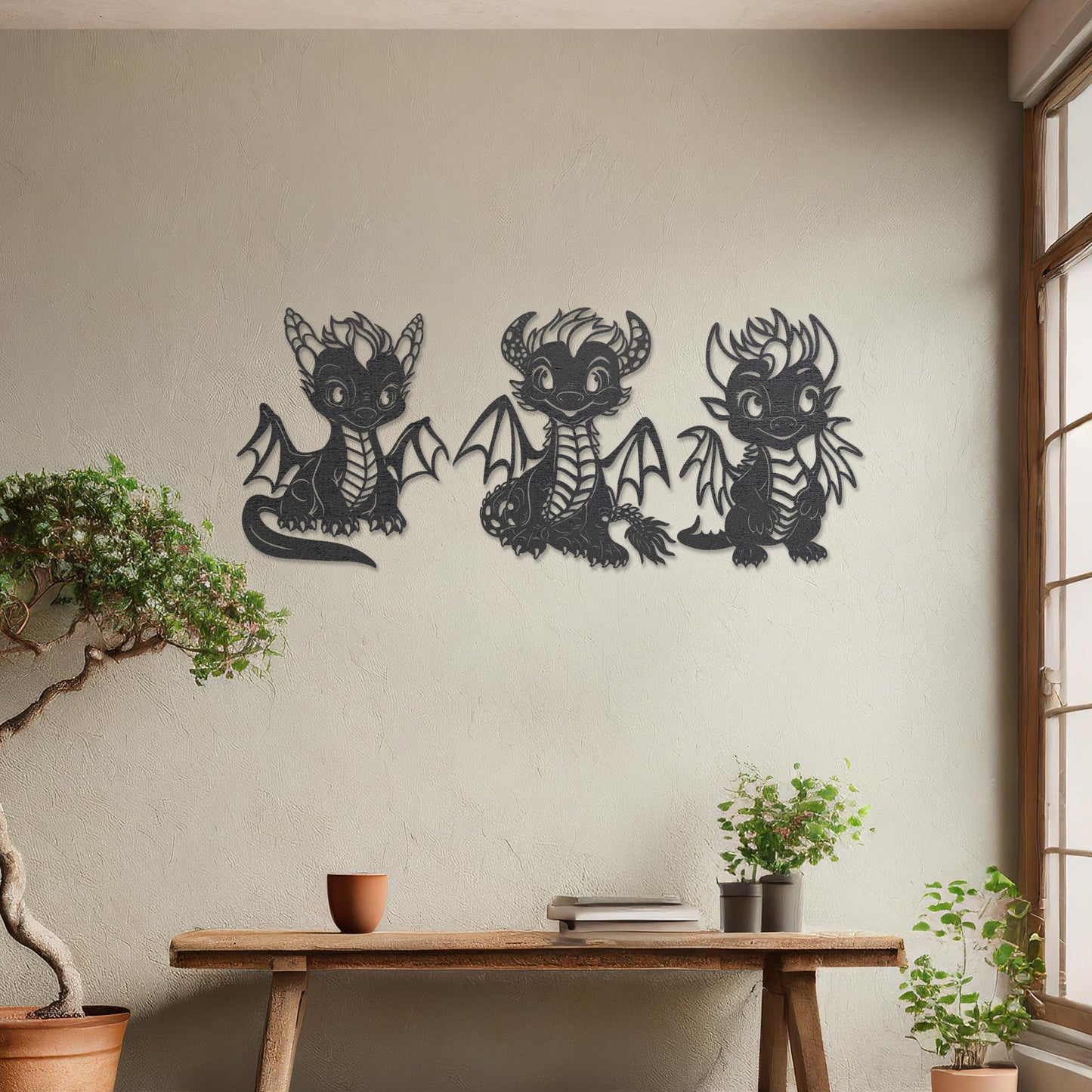 Adorable Dragon Trio Wooden Wall Art - Charming Wall Decor for Kids