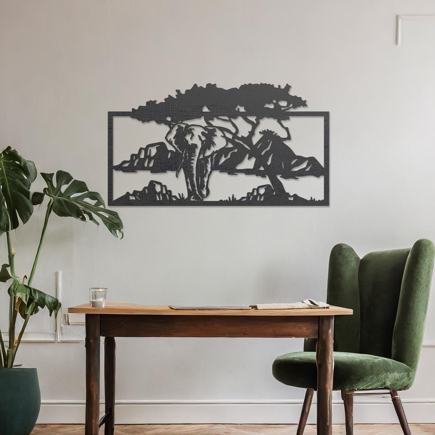 Modern African Elephant Wooden Wall Art - Serene Tree Setting Decor