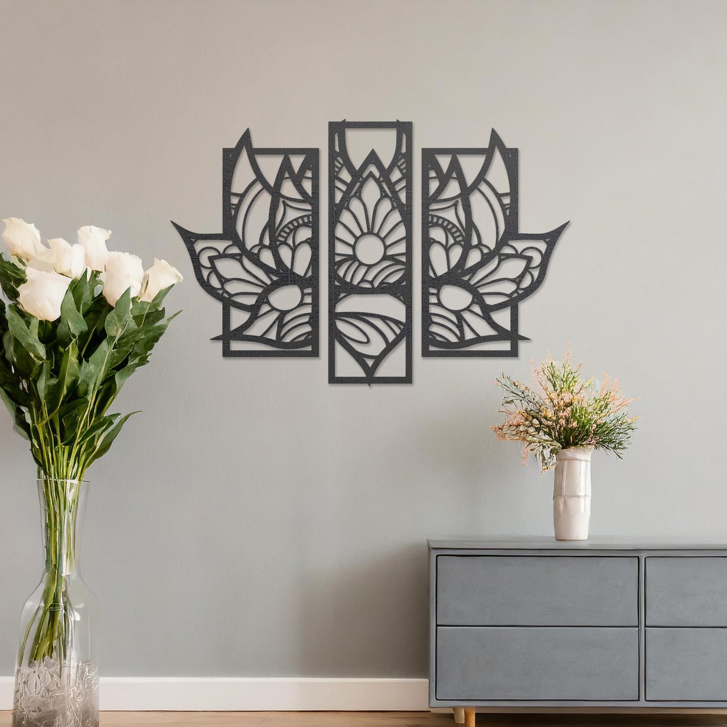 Floral Trio Wooden Wall Art Set - Elegant Lotus Wall Decor Panels