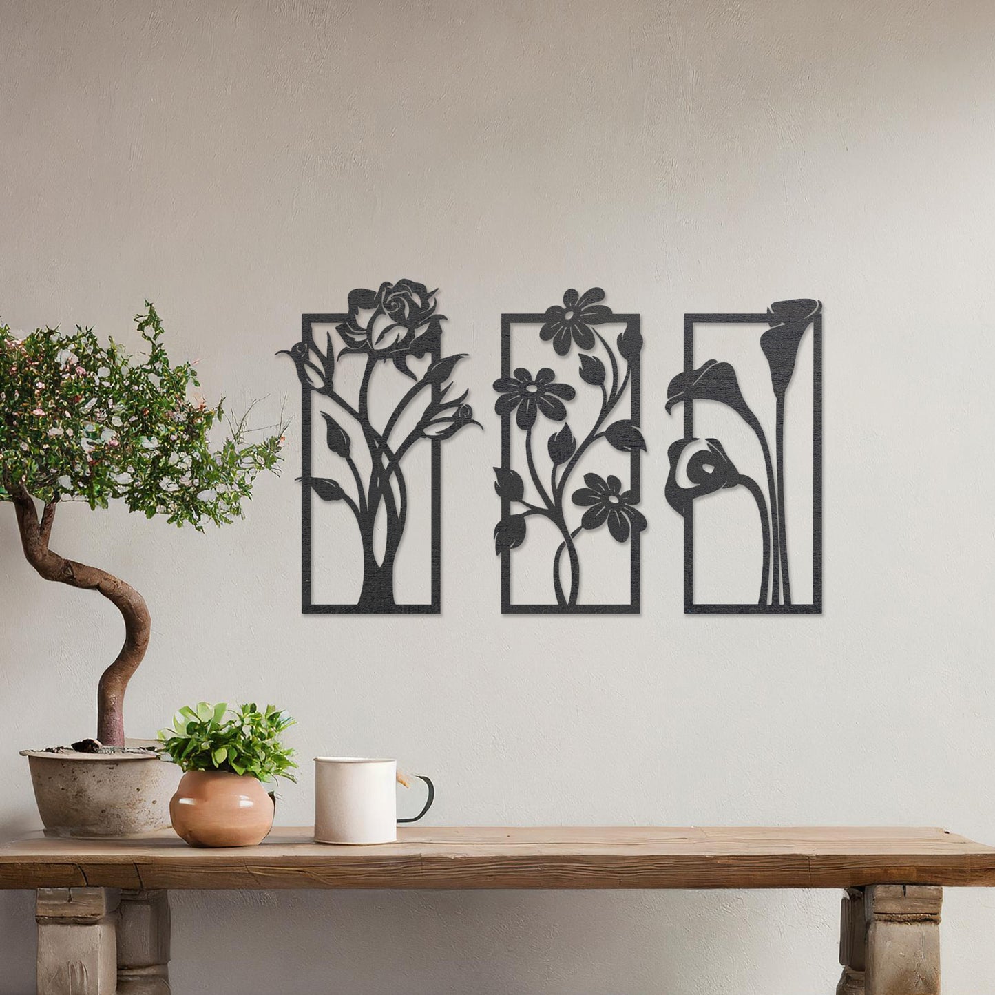 Elegant Trio of Laser Cut Floral Wooden Wall Panels - Artistic Wall Art Decor