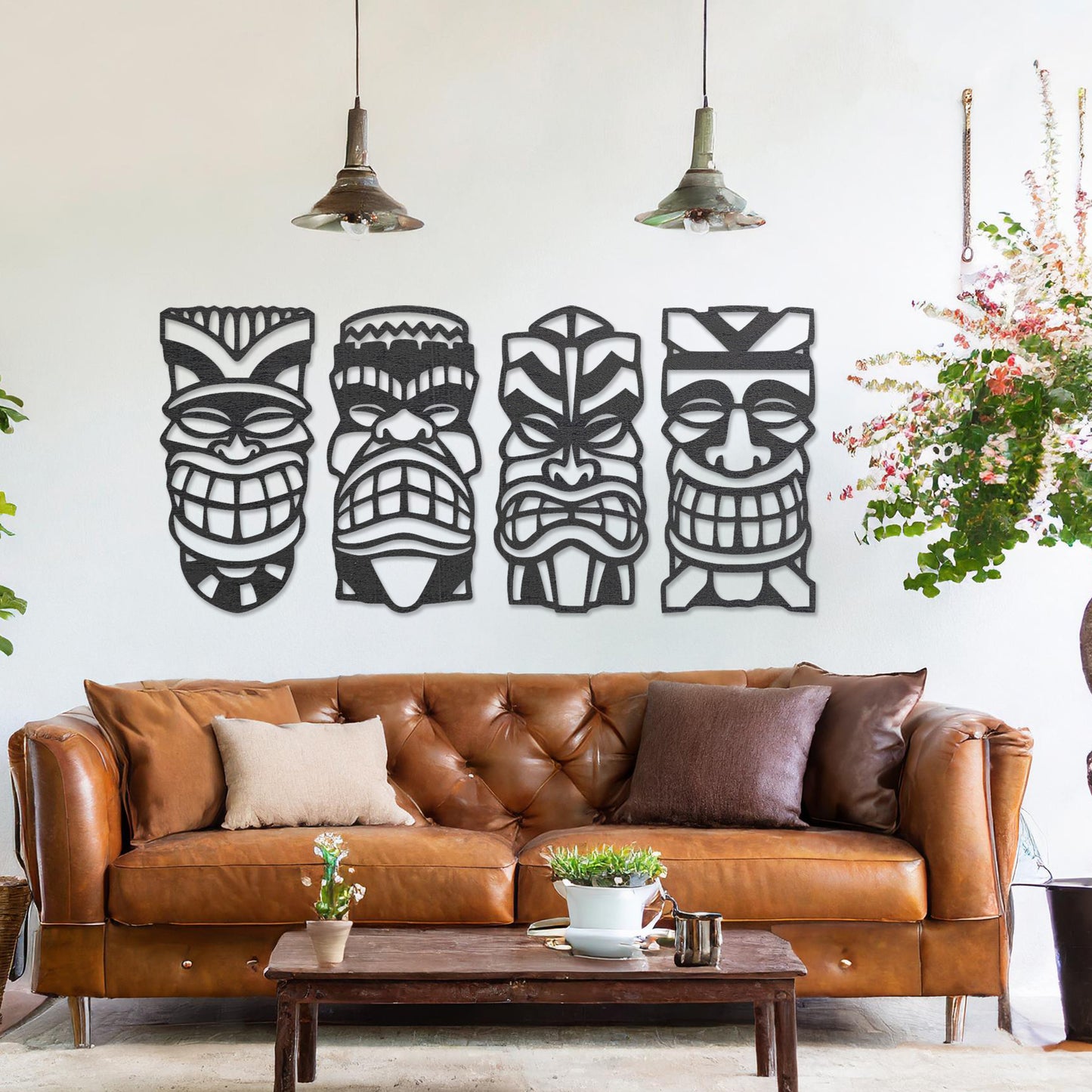 Traditional Tiki Masks Wooden Wall Art Set - Polynesian Inspired Room Decor