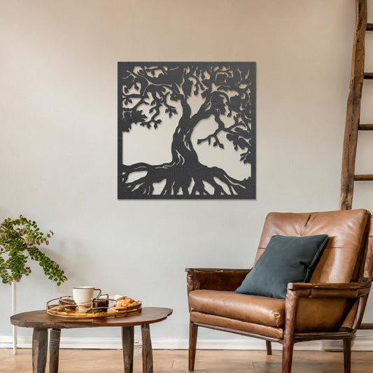 Intricate Tree of Life Wooden Wall Art - Square Framed Rustic Decor