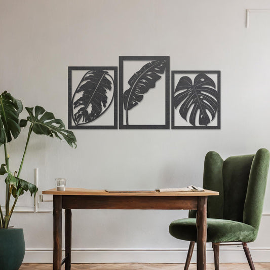 Tropical Leaves Wooden Wall Art Set - Trio of Plant Hanging Panels Decor