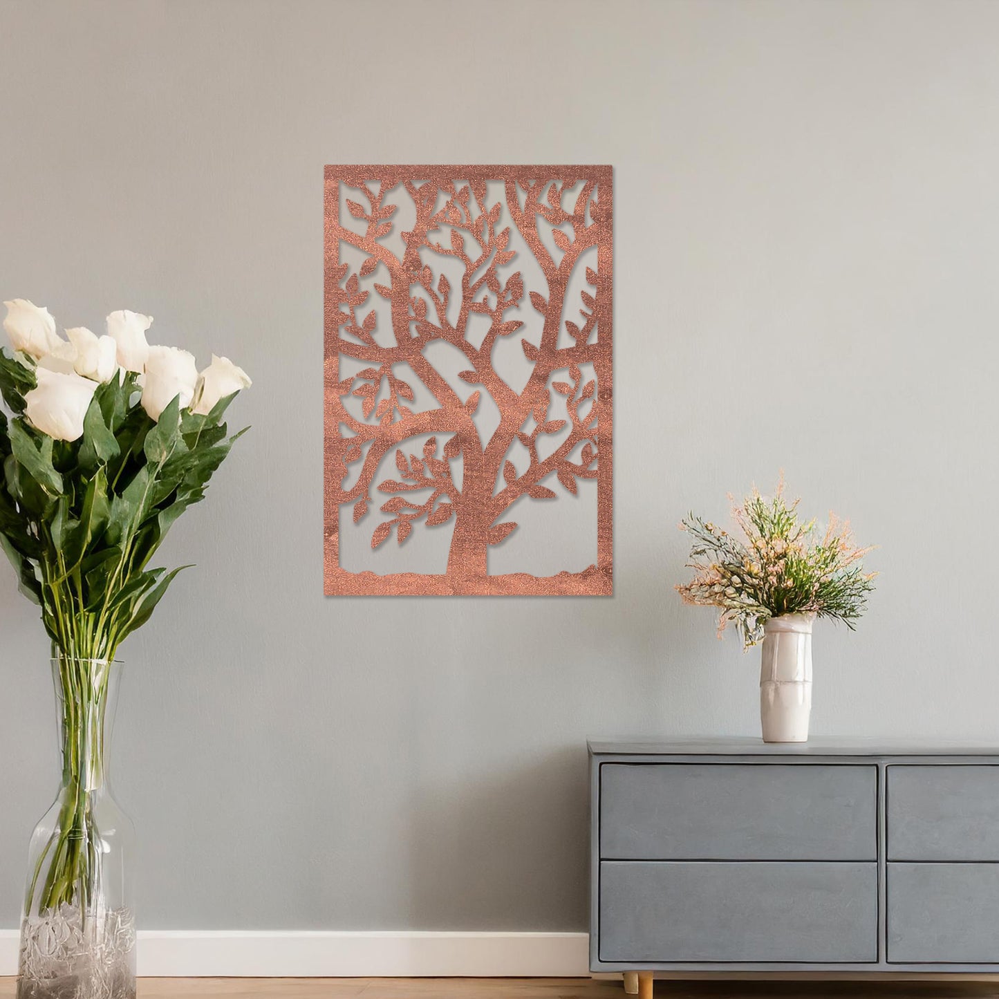 Wooden Tree Art in Rectangular Frame - Detailed Leaf Design for Home Decor