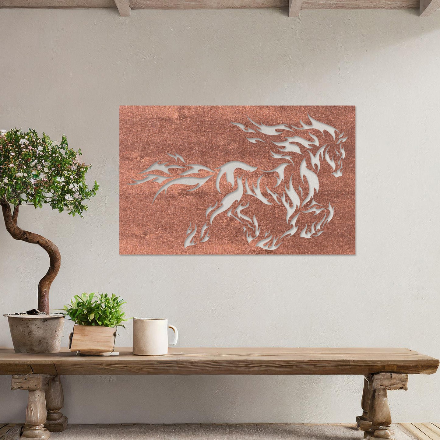 Majestic Flame Stallion Wooden Wall Hanging Art - Handcrafted Equestrian Decor