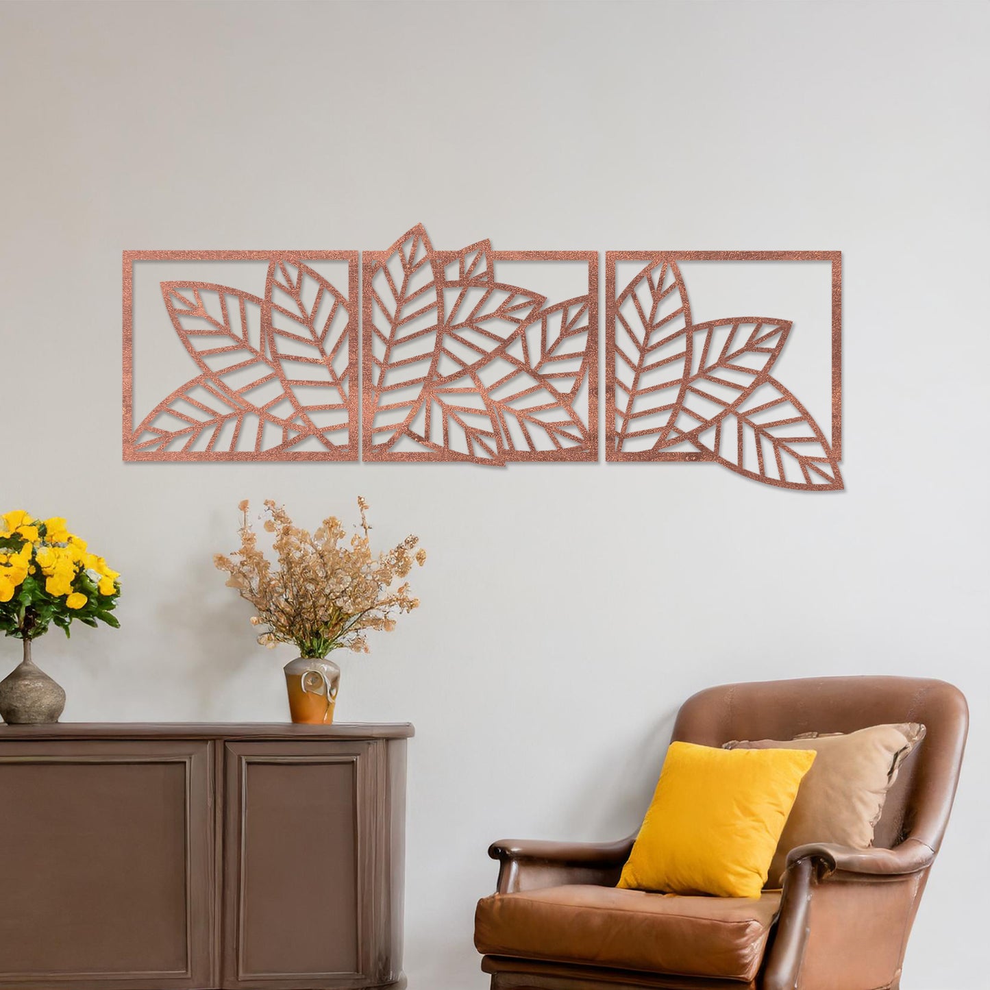 Wooden Leaf Wall Art 3 Panelled Hanging Modern Contemporary Living Room Art