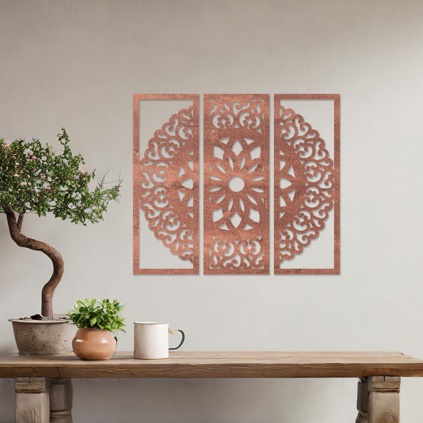 Intricate Mandala Wooden Wall Art Set - Filigree Design Triptych