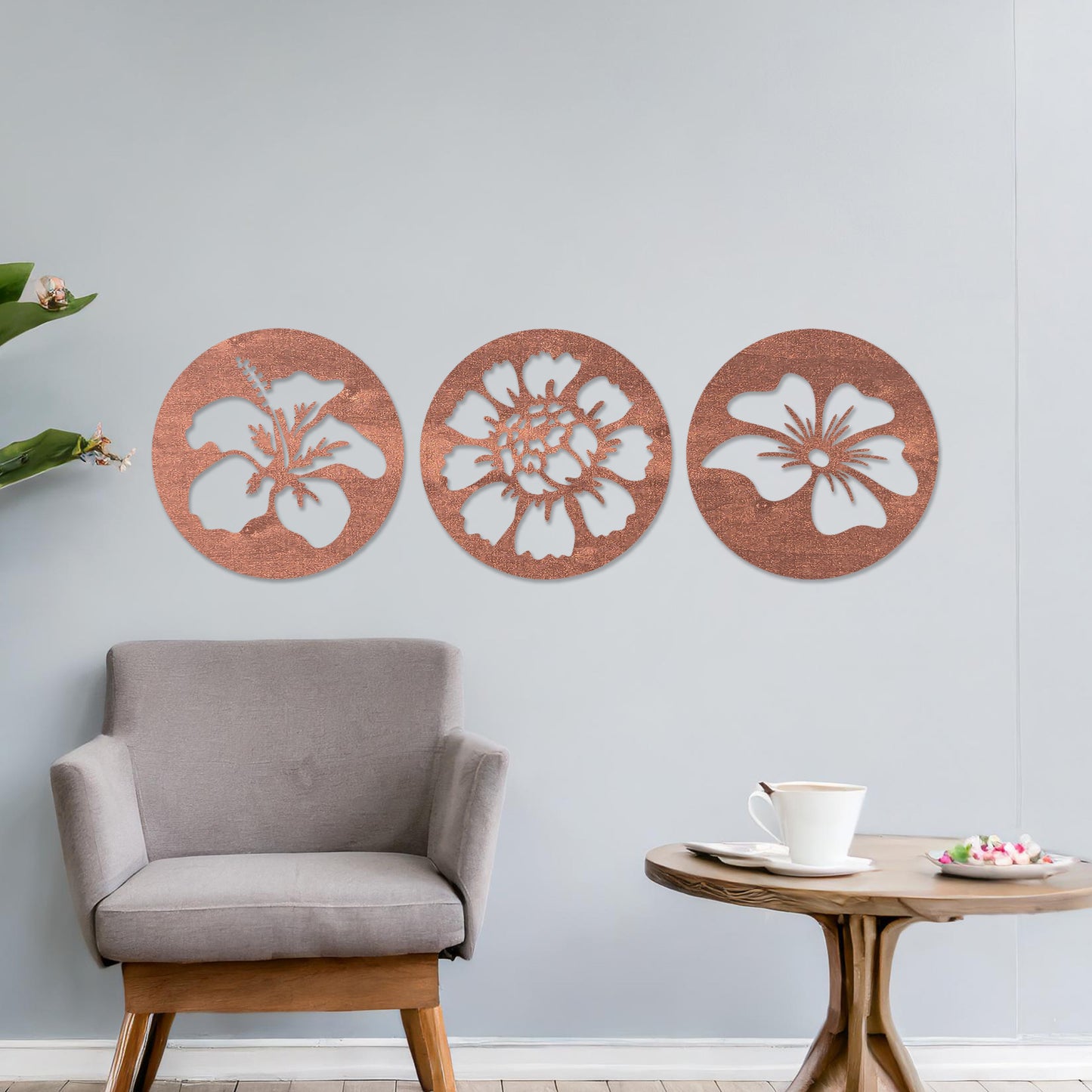 Carved Floral Wooden Wall Art Set - Hibiscus, Peony, Petunia Designs