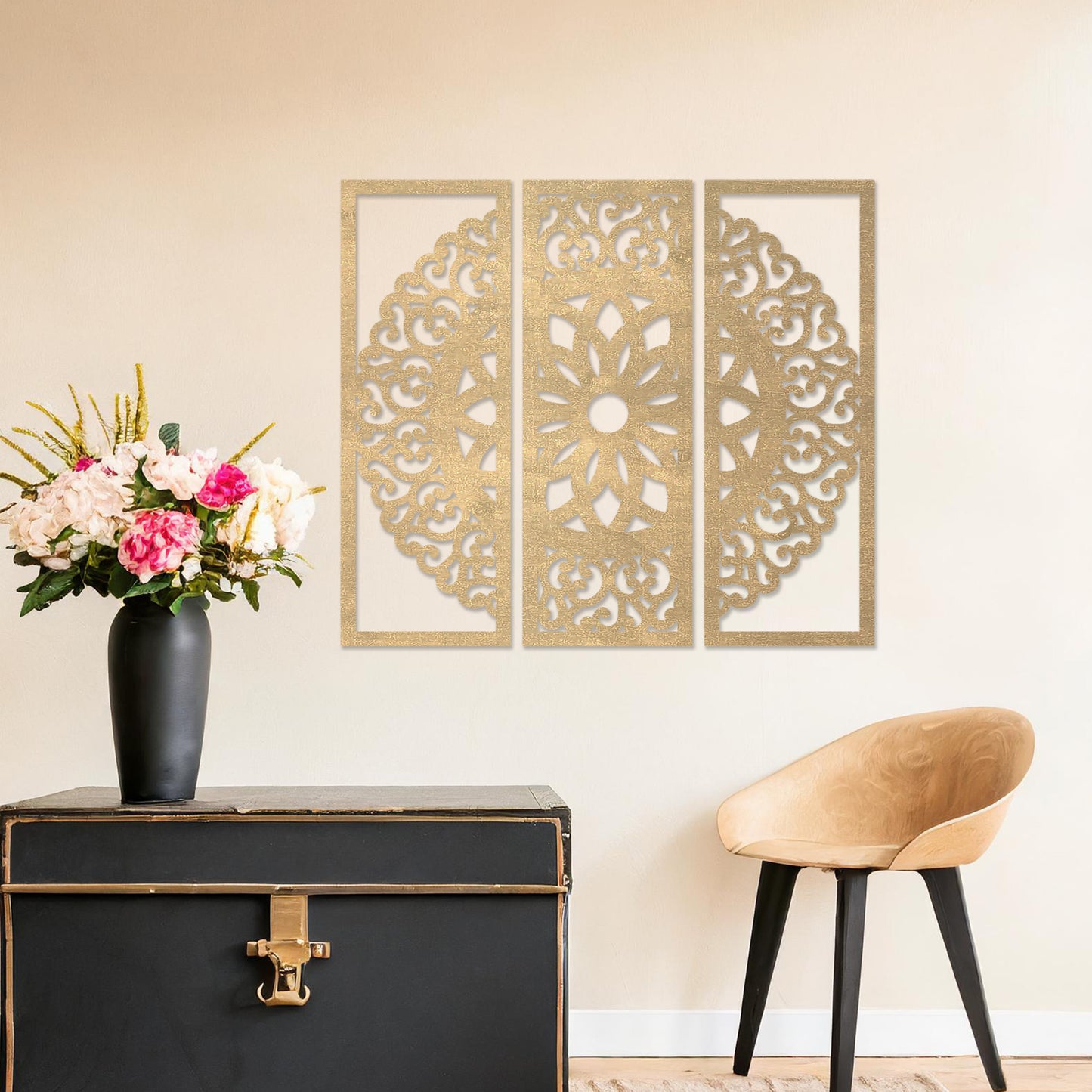 Intricate Mandala Wooden Wall Art Set - Filigree Design Triptych