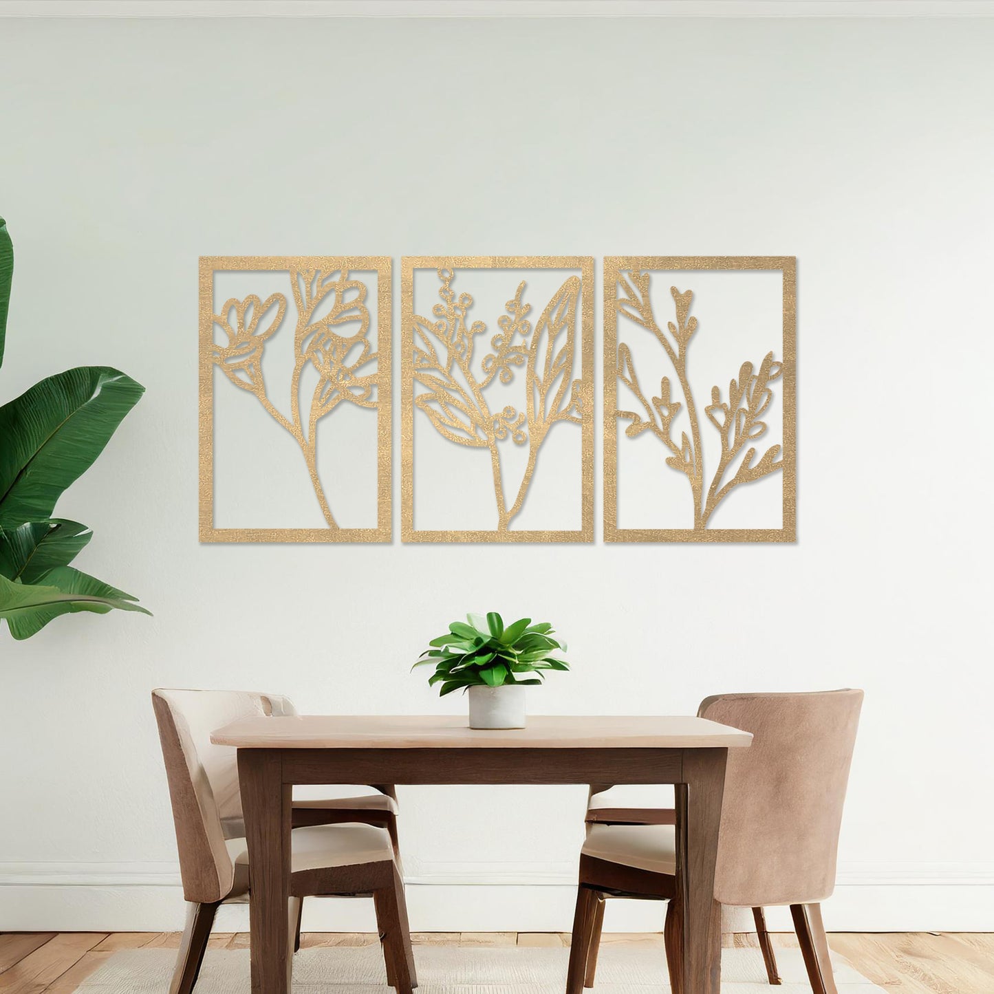 Botanical Triptych Carved Wooden Wall Art - Modern Hanging Plant Panels