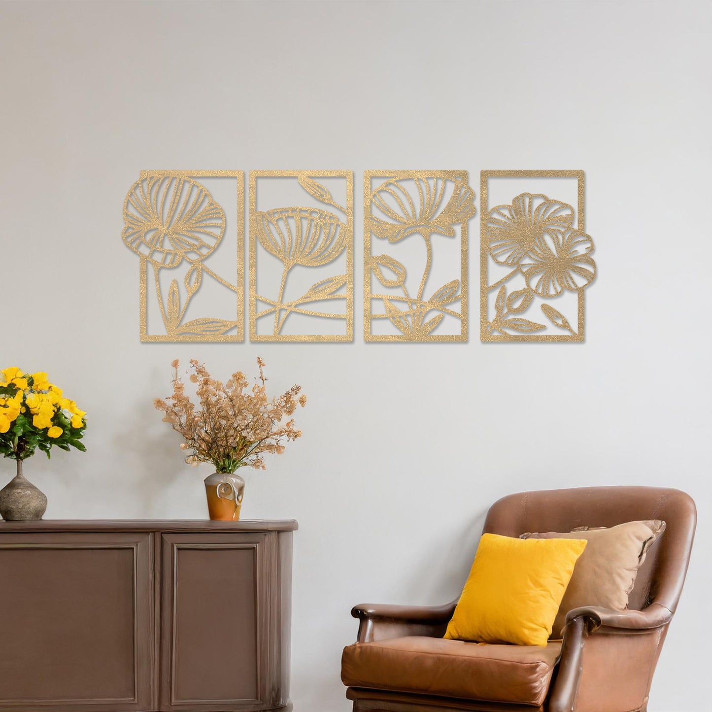 Floral Elegance Wooden Wall Art 4 Panel Set - Contemporary Flower Wall Design