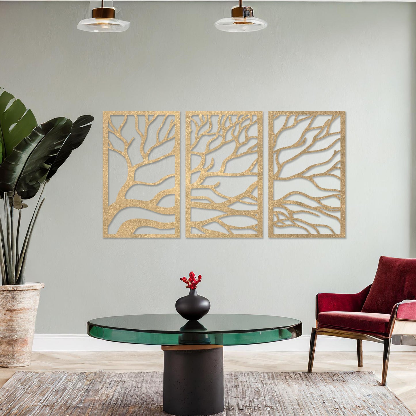 Abstract Tree Branches Triptych Wooden Wall Art Decor - Modern Forest Panels