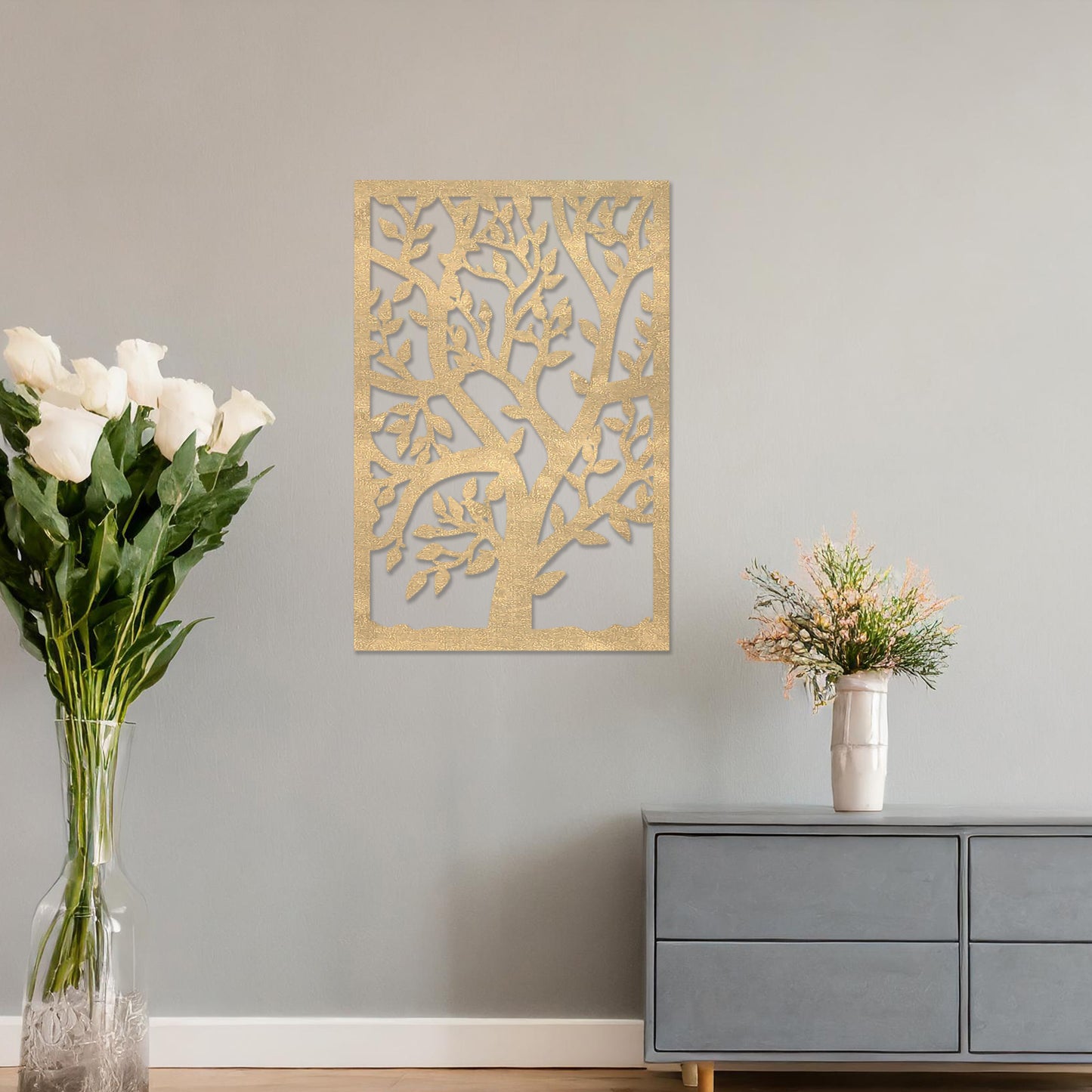 Wooden Tree Art in Rectangular Frame - Detailed Leaf Design for Home Decor