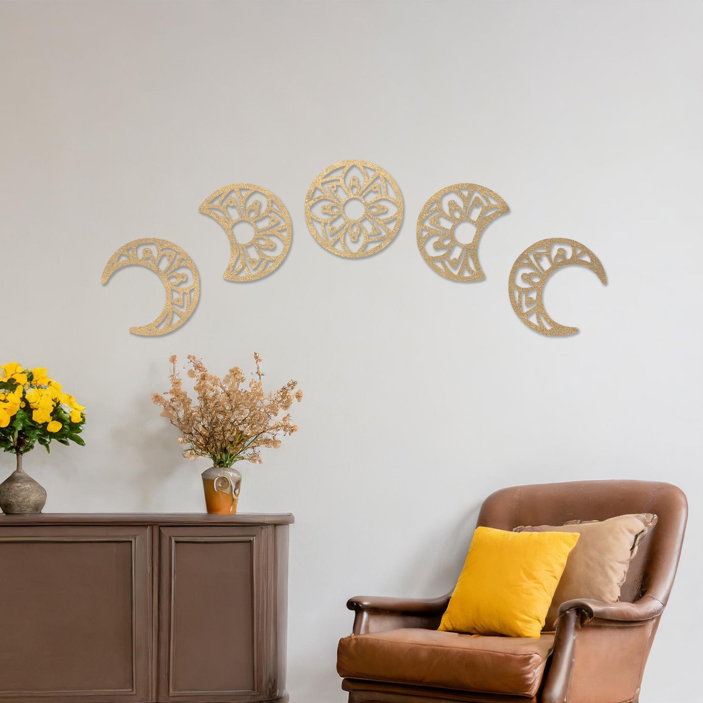 Mandala Moon Phases Wooden Wall Art - Spiritual Lunar Design for Living Room