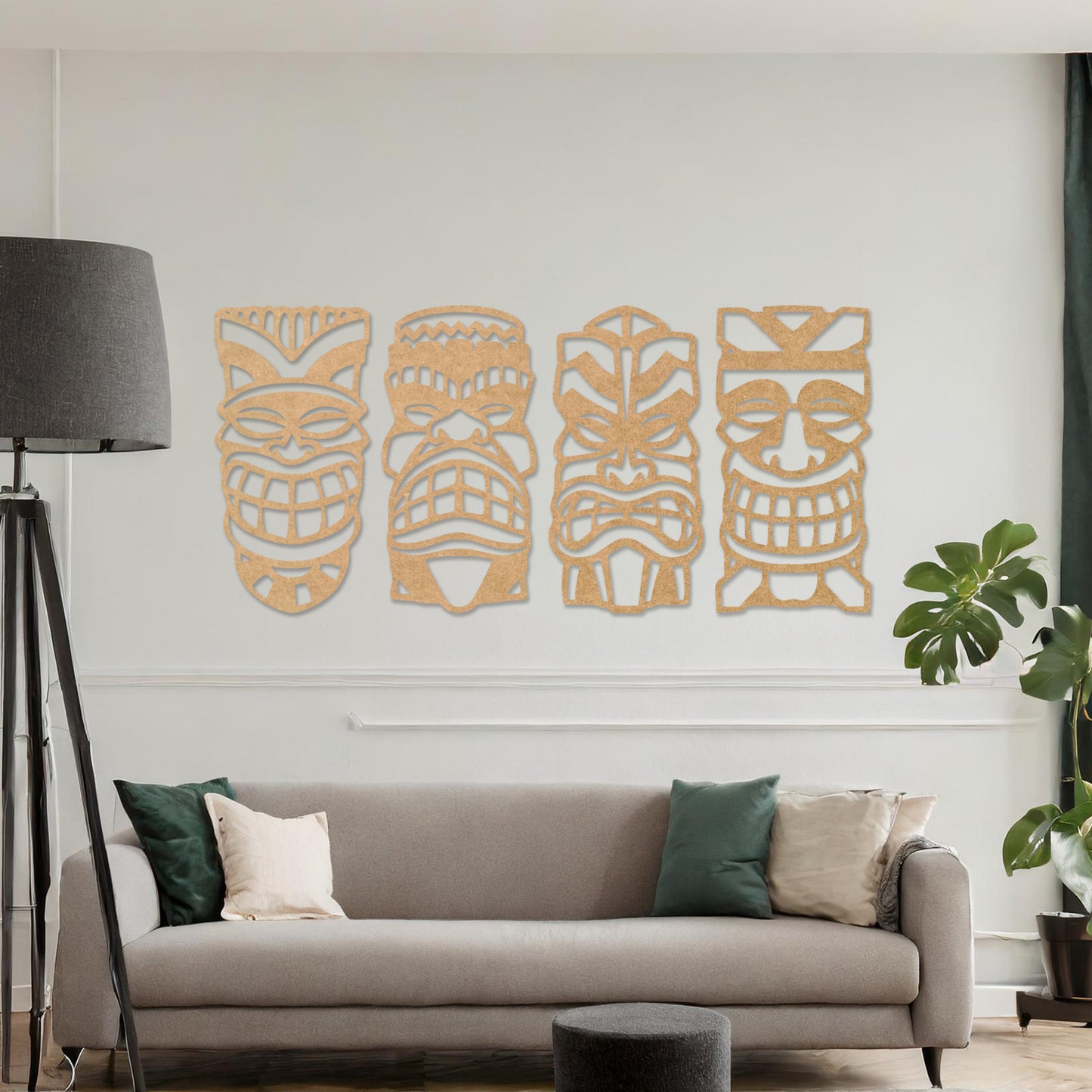 Traditional Tiki Masks Wooden Wall Art Set - Polynesian Inspired Room Decor