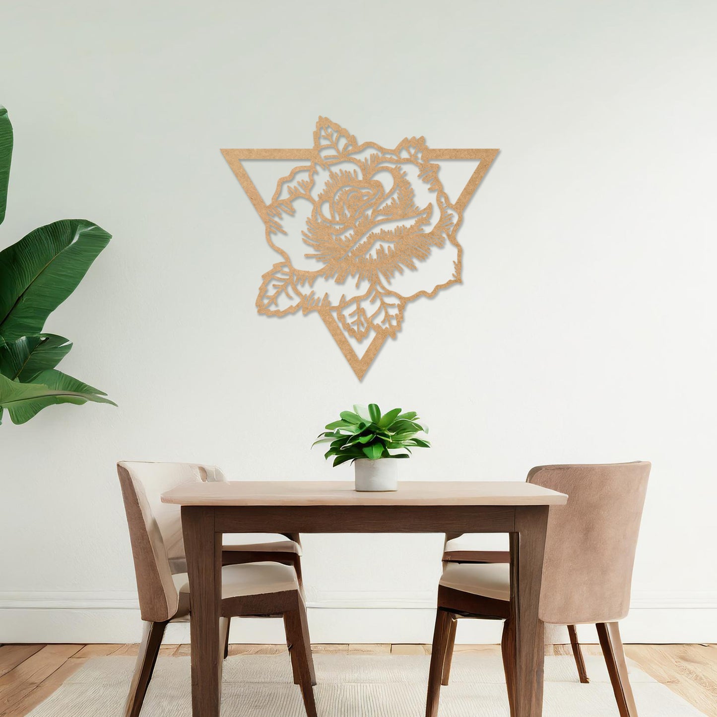 Abstract Rose Triangle Wooden Hanging Wall Art - Modern Floral Design