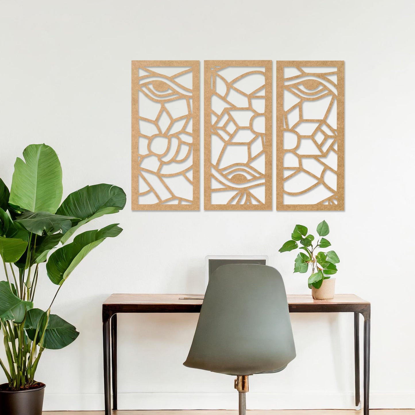 Abstract Eyes and Florals Wooden Wall Art - Modern Geometric Panel Set