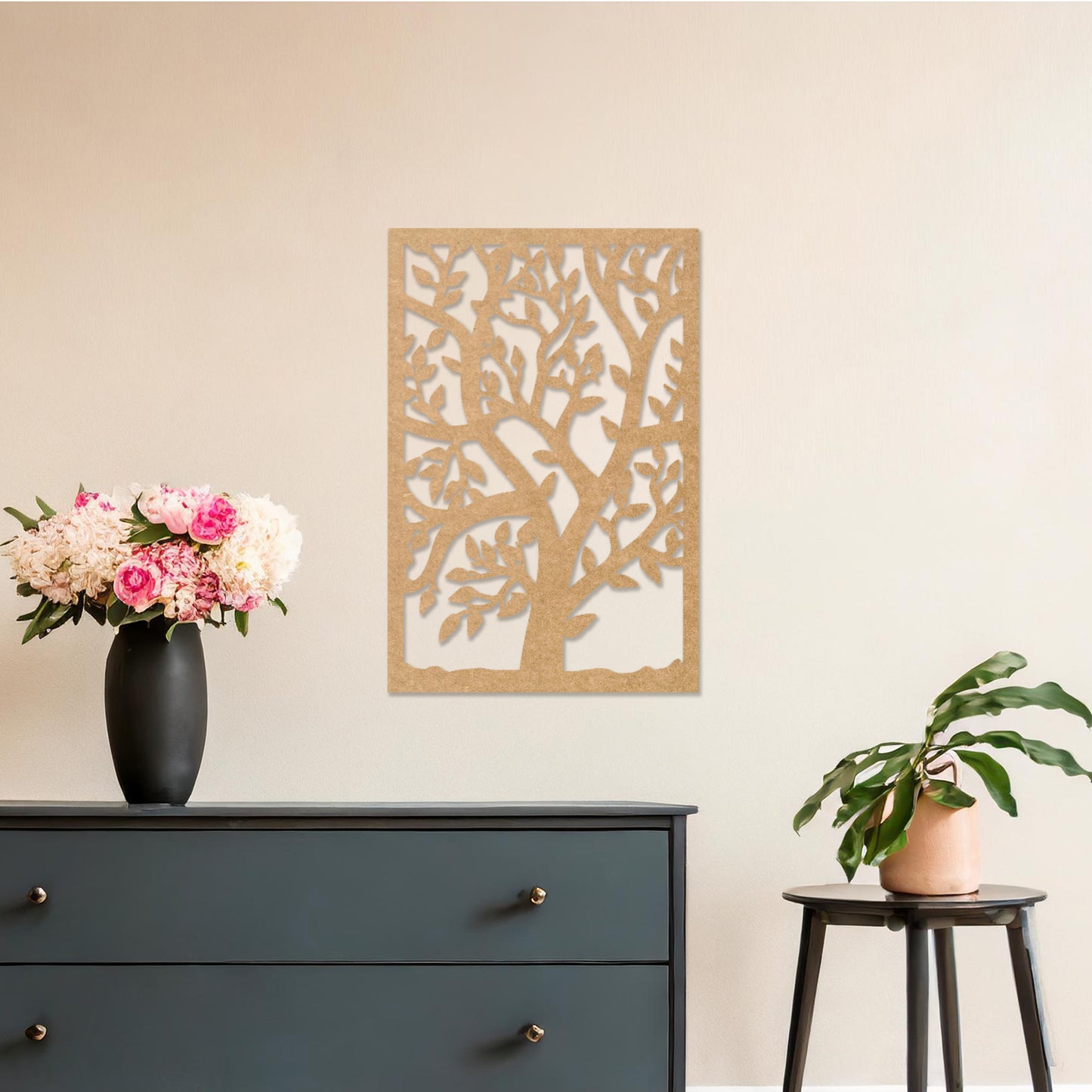 Wooden Tree Art in Rectangular Frame - Detailed Leaf Design for Home Decor