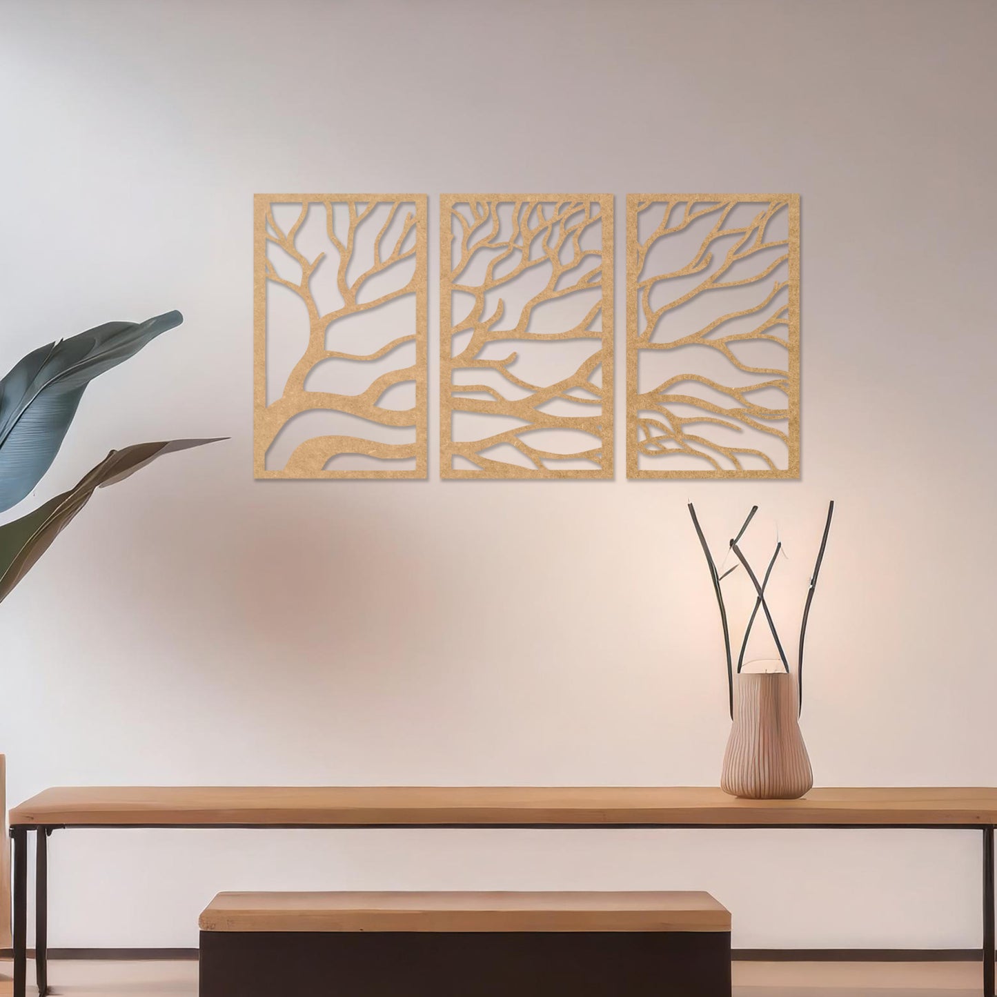 Abstract Tree Branches Triptych Wooden Wall Art Decor - Modern Forest Panels