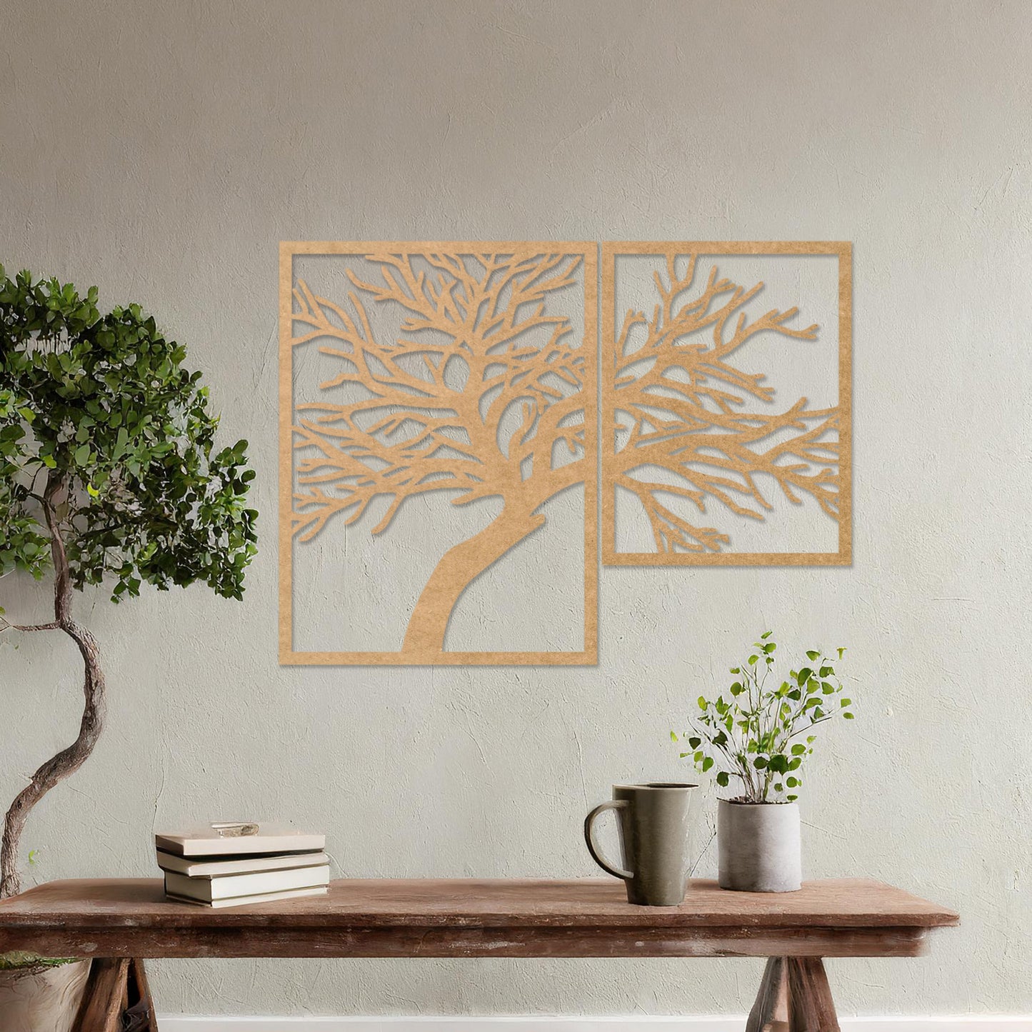 Wooden Tree Hanging Wall Art Modern 2 Panel Home or Office Decoration