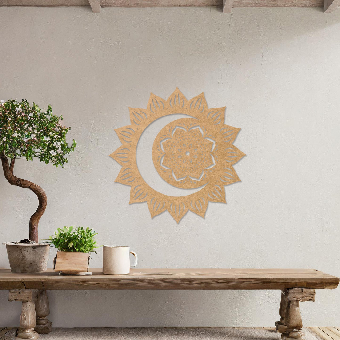 Celestial Harmony Sun Moon Mandala Wooden Wall Art - Bohemian Decor