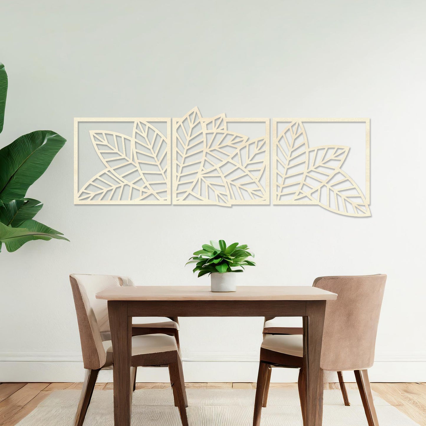 Wooden Leaf Wall Art 3 Panelled Hanging Modern Contemporary Living Room Art