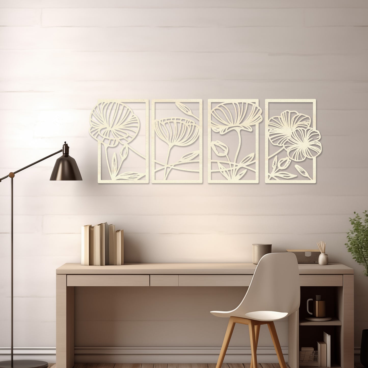 Floral Elegance Wooden Wall Art 4 Panel Set - Contemporary Flower Wall Design