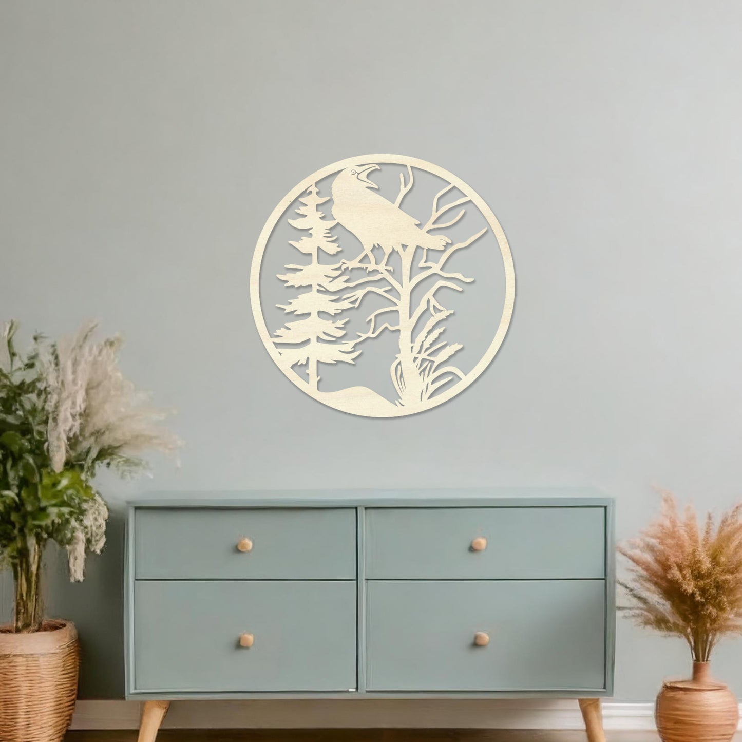 Circular Raven on Tree Wooden Wall Art - Striking and Unique Modern Art