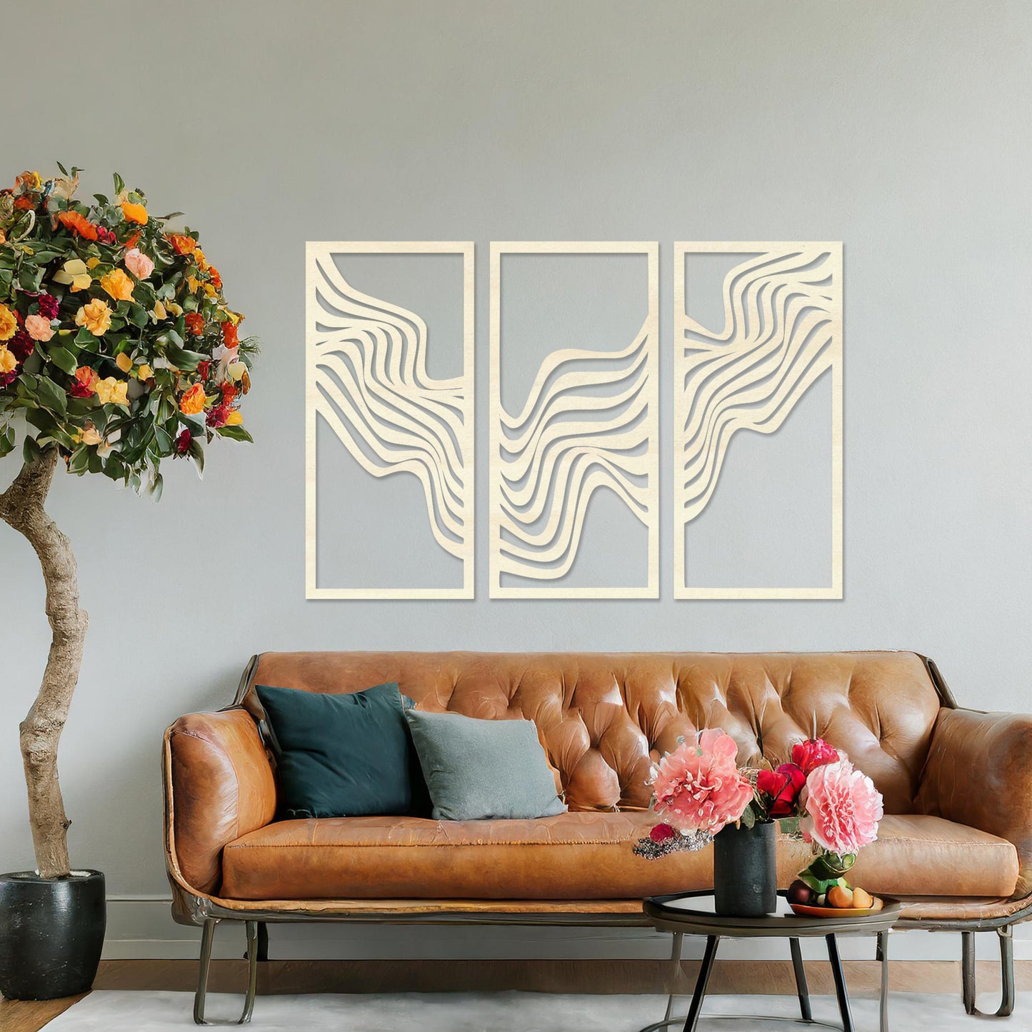 Wooden Abstract Waves Wall Art Set Hanging Modern Home Decoration