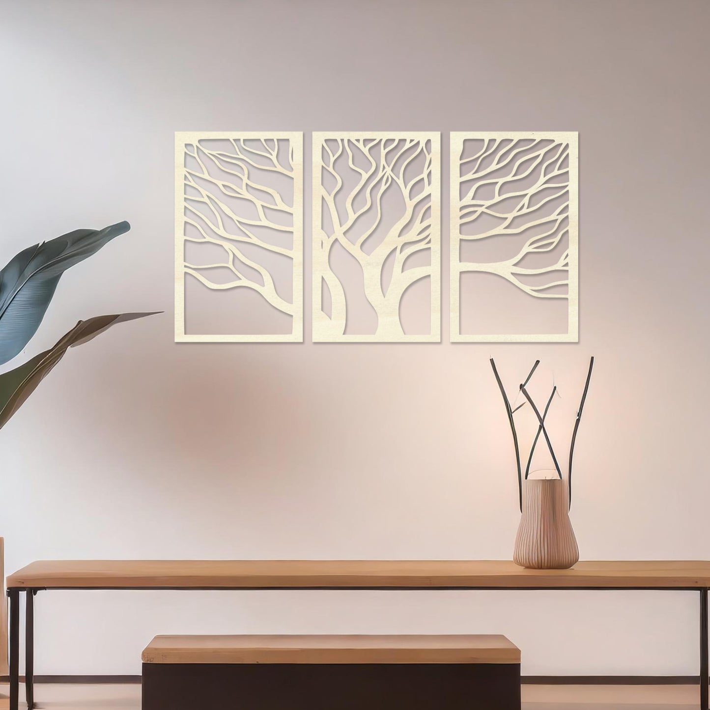 Abstract Tree Triptych Wooden Wall Art Set - Modern Forest Decor