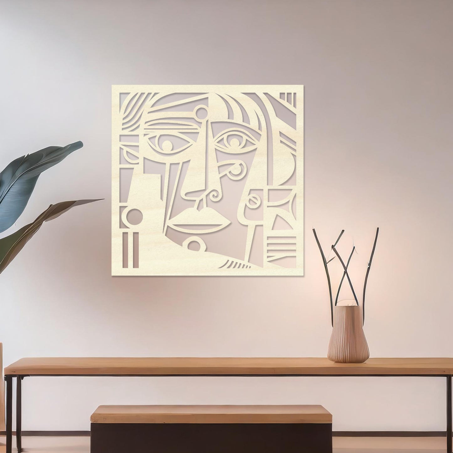 Cubist Abstract Face Wooden Wall Art - Modern Geometric Decor Panel