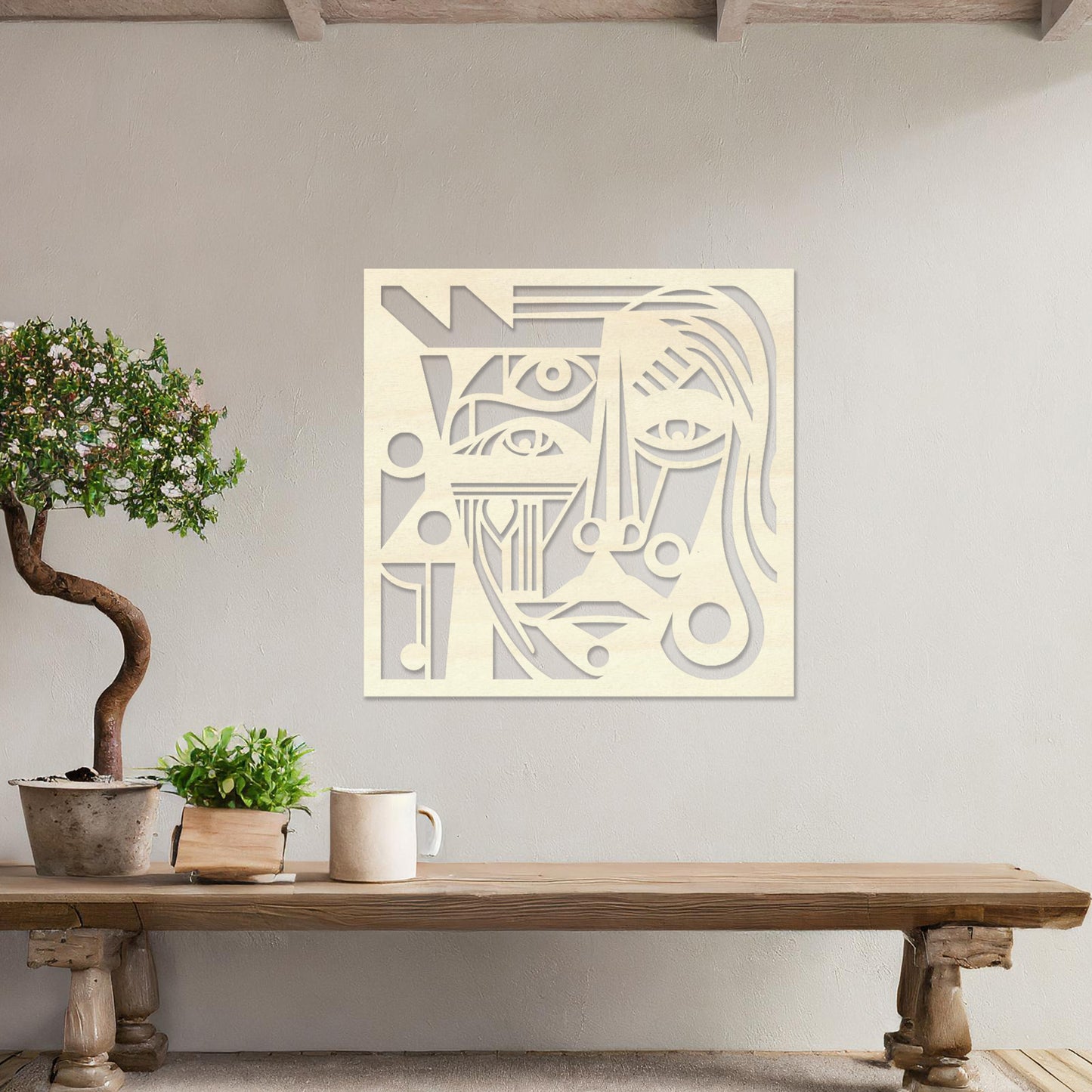 Cubist Geometric Face Wooden Wall Art - Contemporary Abstract Portrait