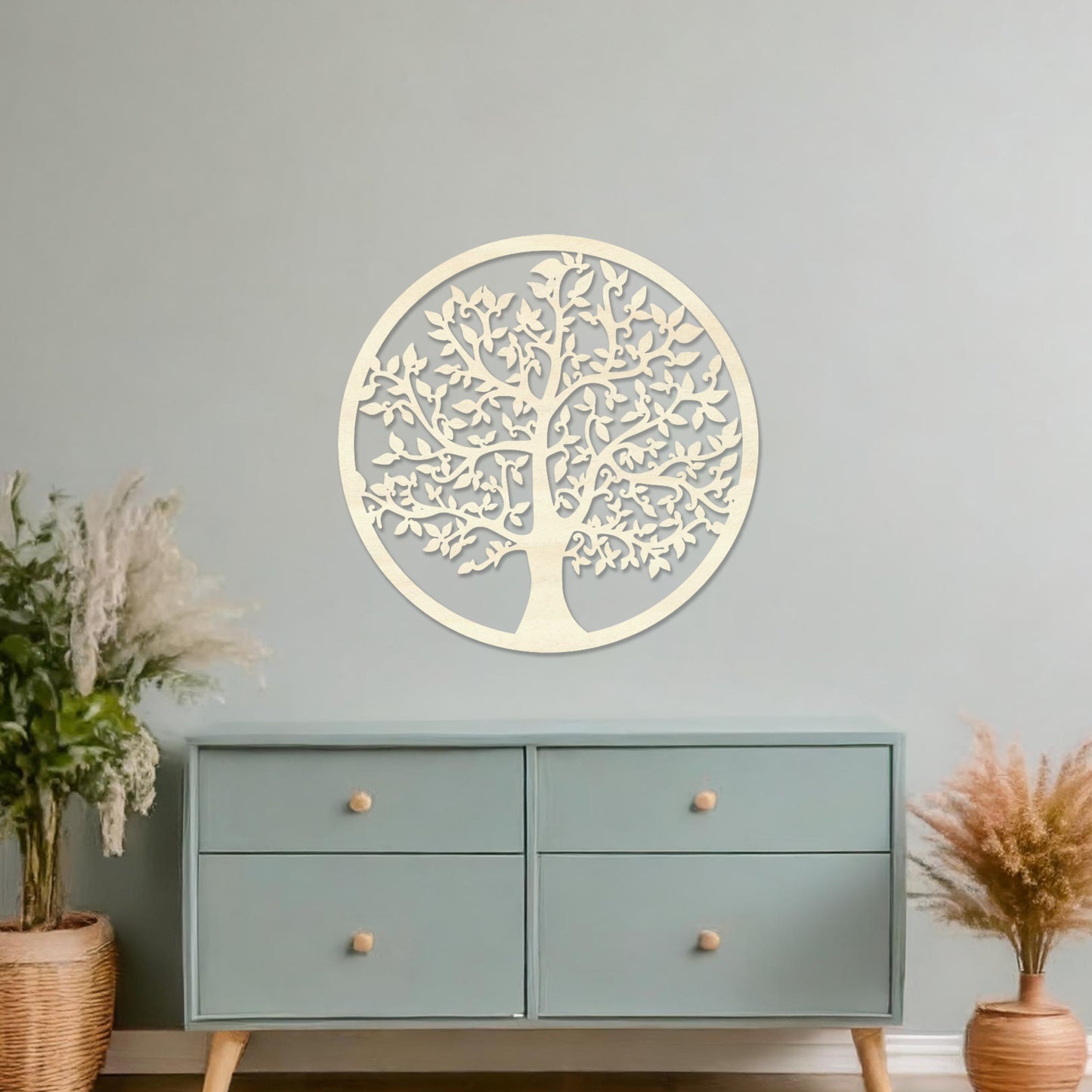 Round Wooden Tree of Life Wall Art, Spring Bloom Tree Wall Decor, Modern Art