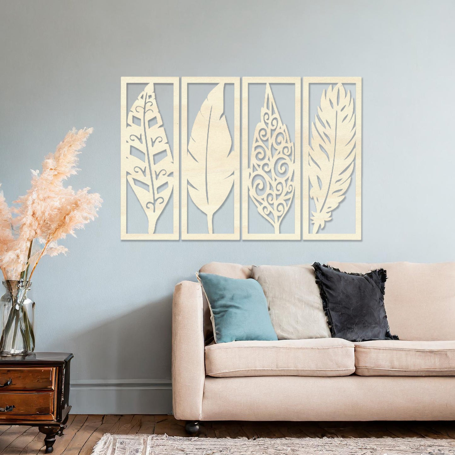 Wooden Feathers Wall Art Hanging Modern Contemporary Wall Art Set